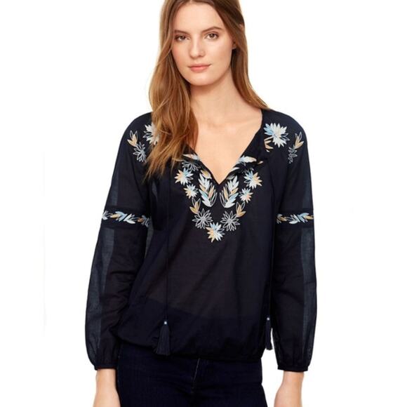 TORY BURCH Navy Blue Embroidered Peasant Blouse Women's Size 8 Lightweight Glam - Picture 6 of 6